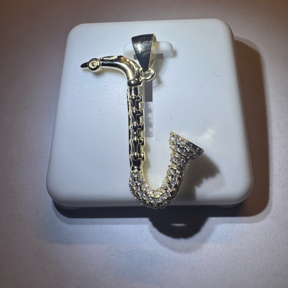 Moissanite Jewelry - Gold Saxophone Pendant Necklace with Cubic Zirconia Accents
